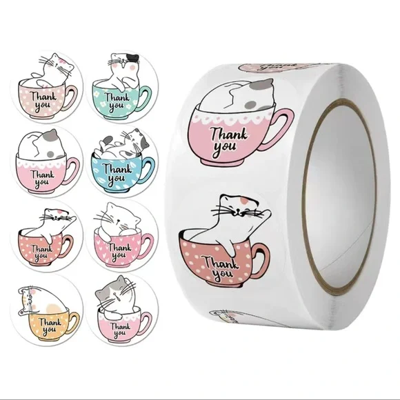 500 1”  Stickers, Kitty in Teacup, 1 inch , Thank You, Roll, PRICE IS FIRM - Picture 3 of 3
